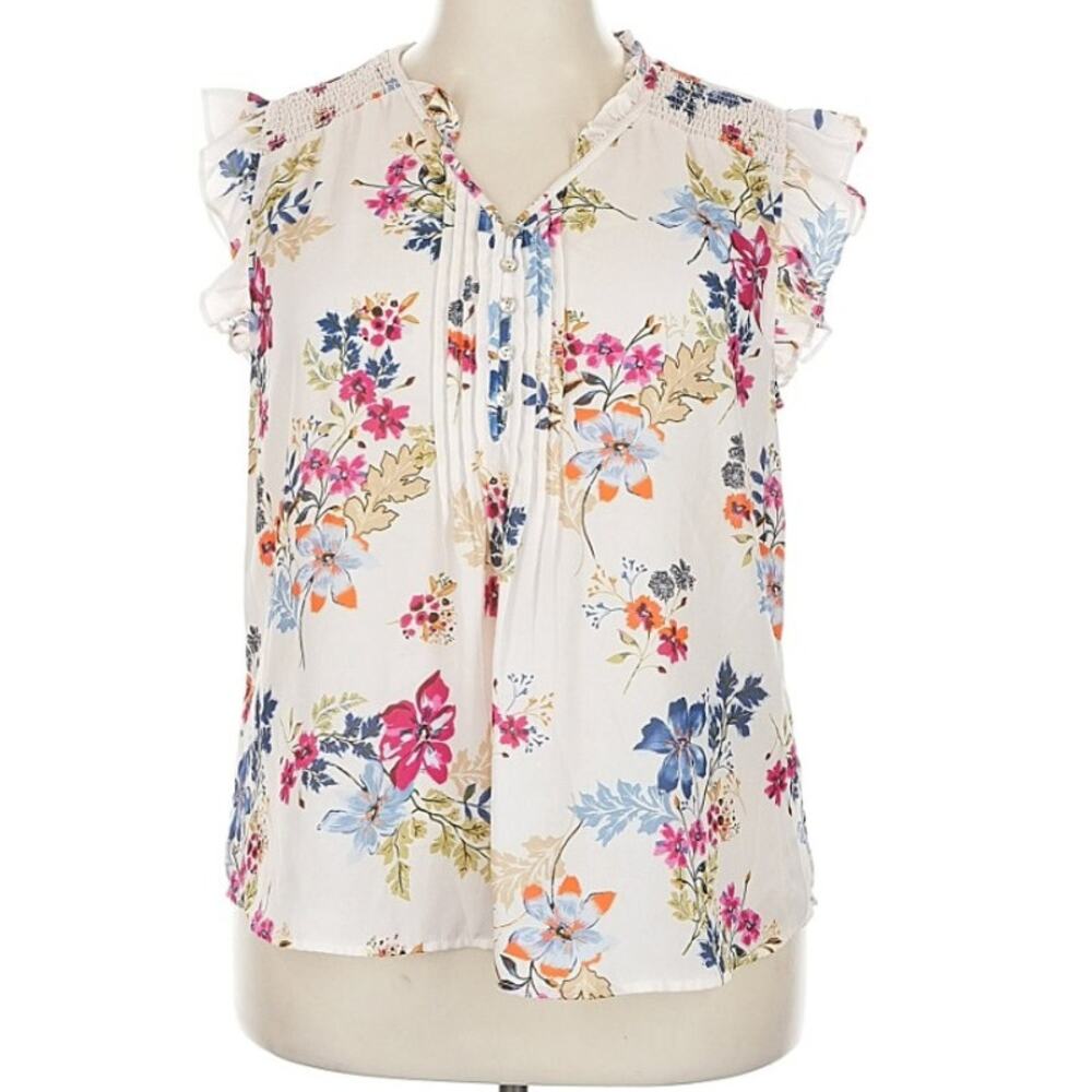 Daniel Rainn XXL Blouse Sleeveless Ruffle Ivory Pink Floral